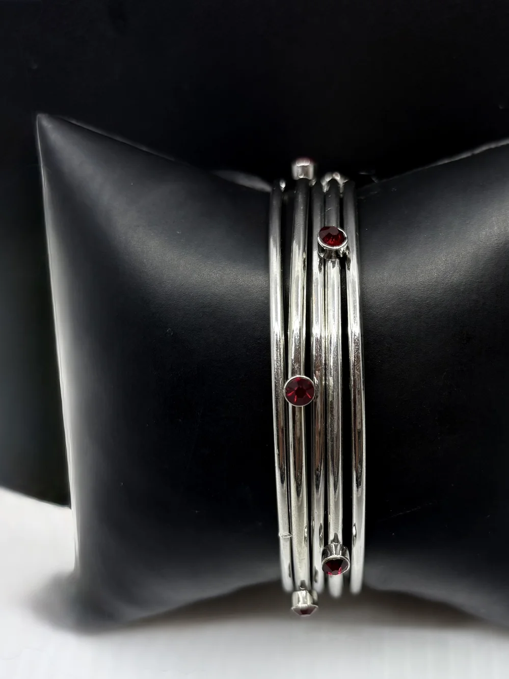 Silver Tone Bangle Set with Red Crystal Accents